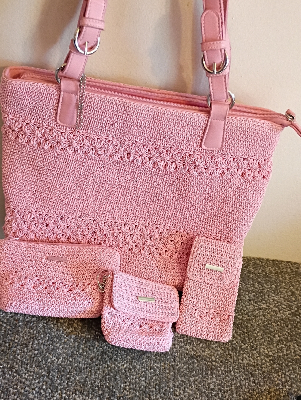 Worthingtons Pink Crochet Tote Bag with Matching Pouches Vintage